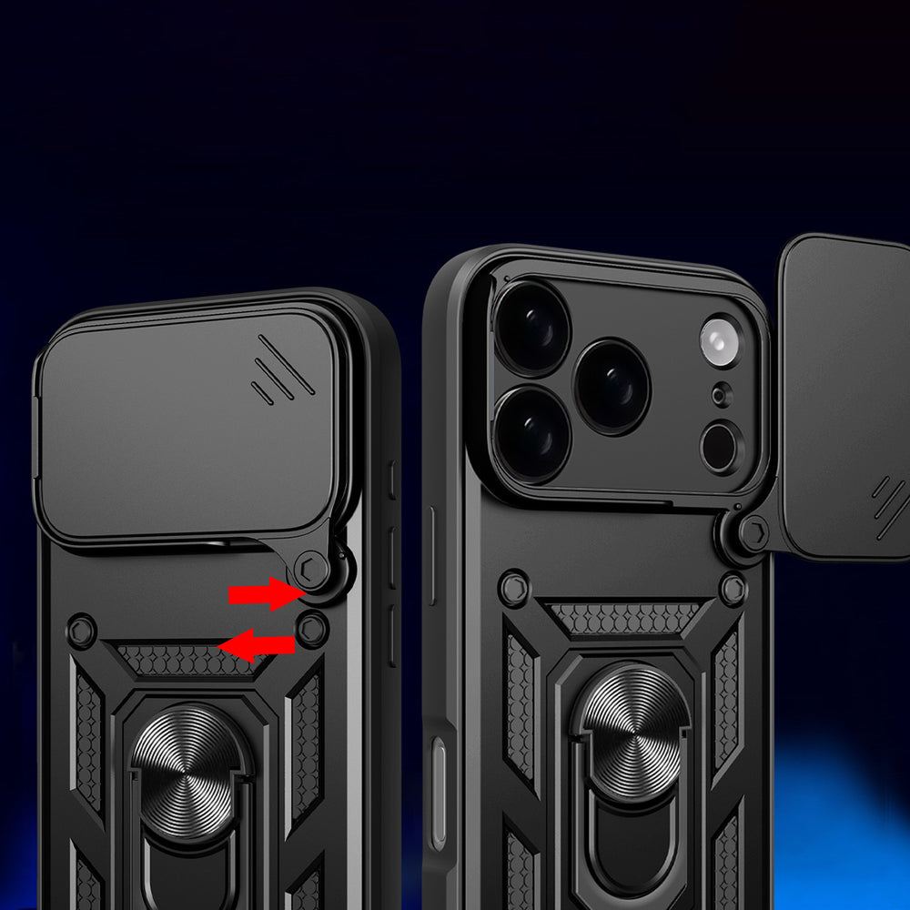 Hybrid Armor Camshield Case til iPhone 17 Pro Max med Stand og Camera Cover - sort