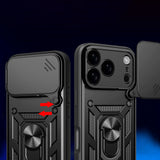 Hybrid Armor Camshield Case til iPhone 17 Pro Max med Stand og Camera Cover - sort