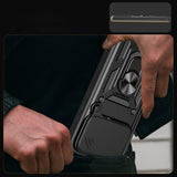 Hybrid Armor Camshield Case til iPhone 17 Pro Max med Stand og Camera Cover - sort