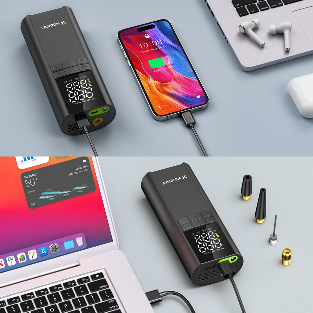 Wozinsky WPEP-8000 kompressor, elektrisk pumpe, 8000mAh power bank, lommelygte - sort