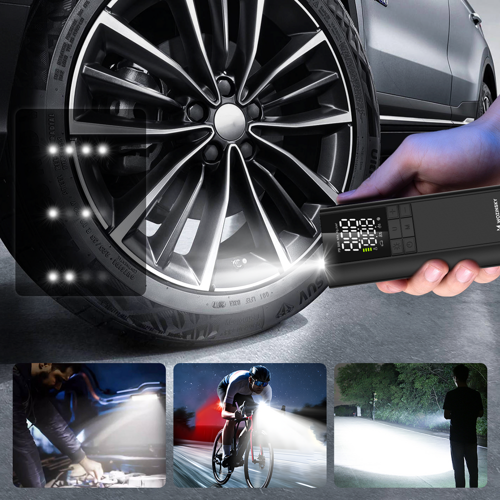 Wozinsky WPEP-8000 kompressor, elektrisk pumpe, 8000mAh power bank, lommelygte - sort