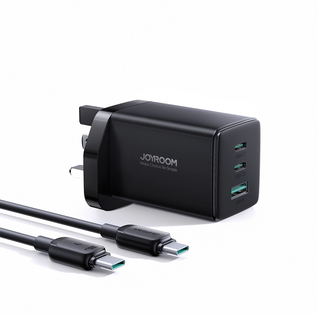 Joyroom JR-TCG01 Ultra GaN 65W Wall Charger 2 x USB-C + 1 x USB-A (UK plug) med 100W 1,2m USB-C Cable - sort
