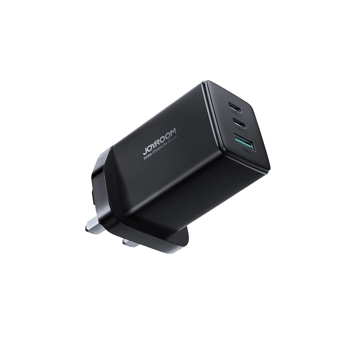 Joyroom JR-TCG01 Ultra GaN 65W Wall Charger 2 x USB-C + 1 x USB-A (UK plug) med 100W 1,2m USB-C Cable - sort