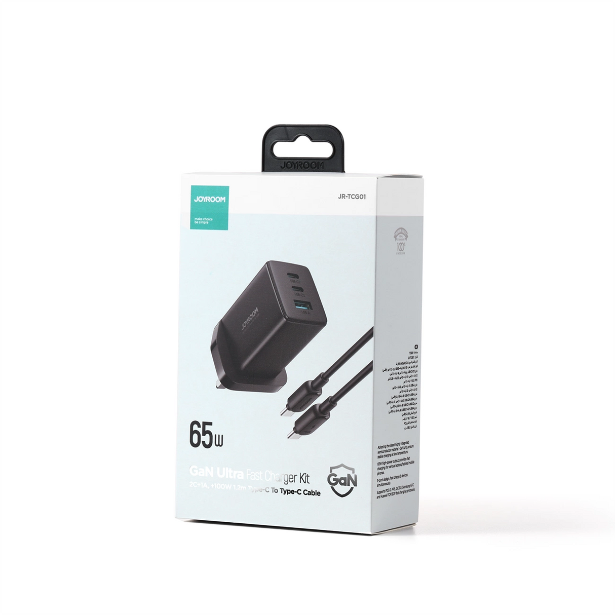 Joyroom JR-TCG01 Ultra GaN 65W Wall Charger 2 x USB-C + 1 x USB-A (UK plug) med 100W 1,2m USB-C Cable - sort