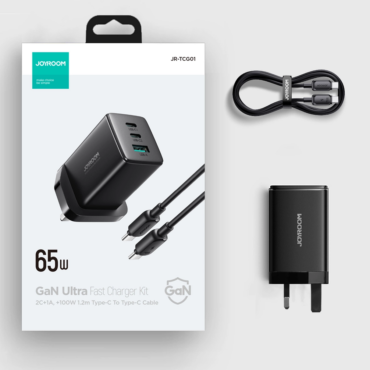 Joyroom JR-TCG01 Ultra GaN 65W Wall Charger 2 x USB-C + 1 x USB-A (UK plug) med 100W 1,2m USB-C Cable - sort