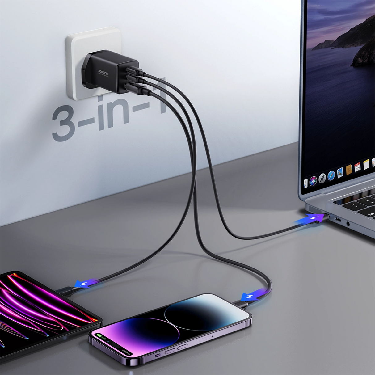 Joyroom JR-TCG01 Ultra GaN 65W Wall Charger 2 x USB-C + 1 x USB-A (UK plug) med 100W 1,2m USB-C Cable - sort