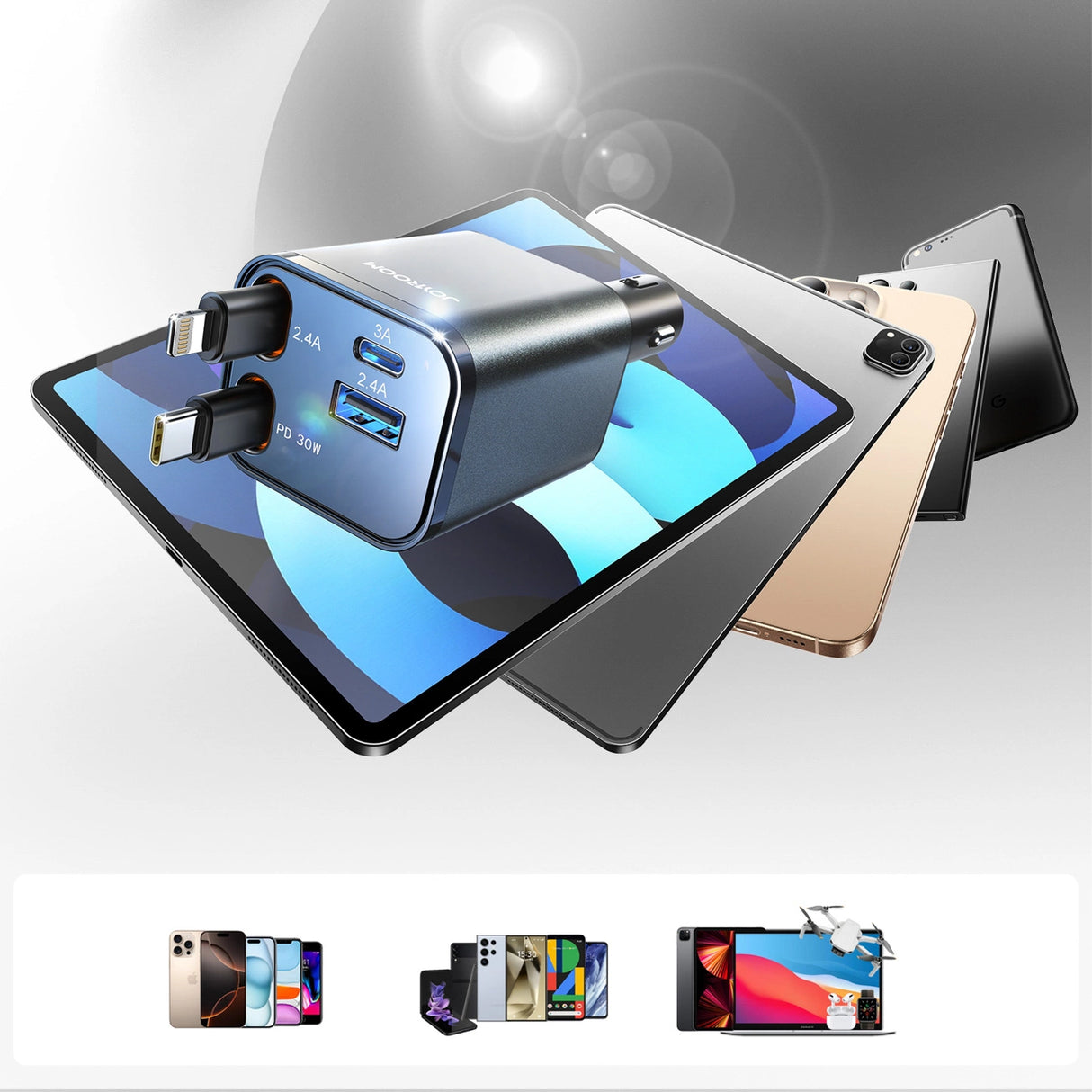 Joyroom JR-CCL05 30W 4-i-1-biloplader med 2 indbyggede indtrækbare kabler - mørkgrå