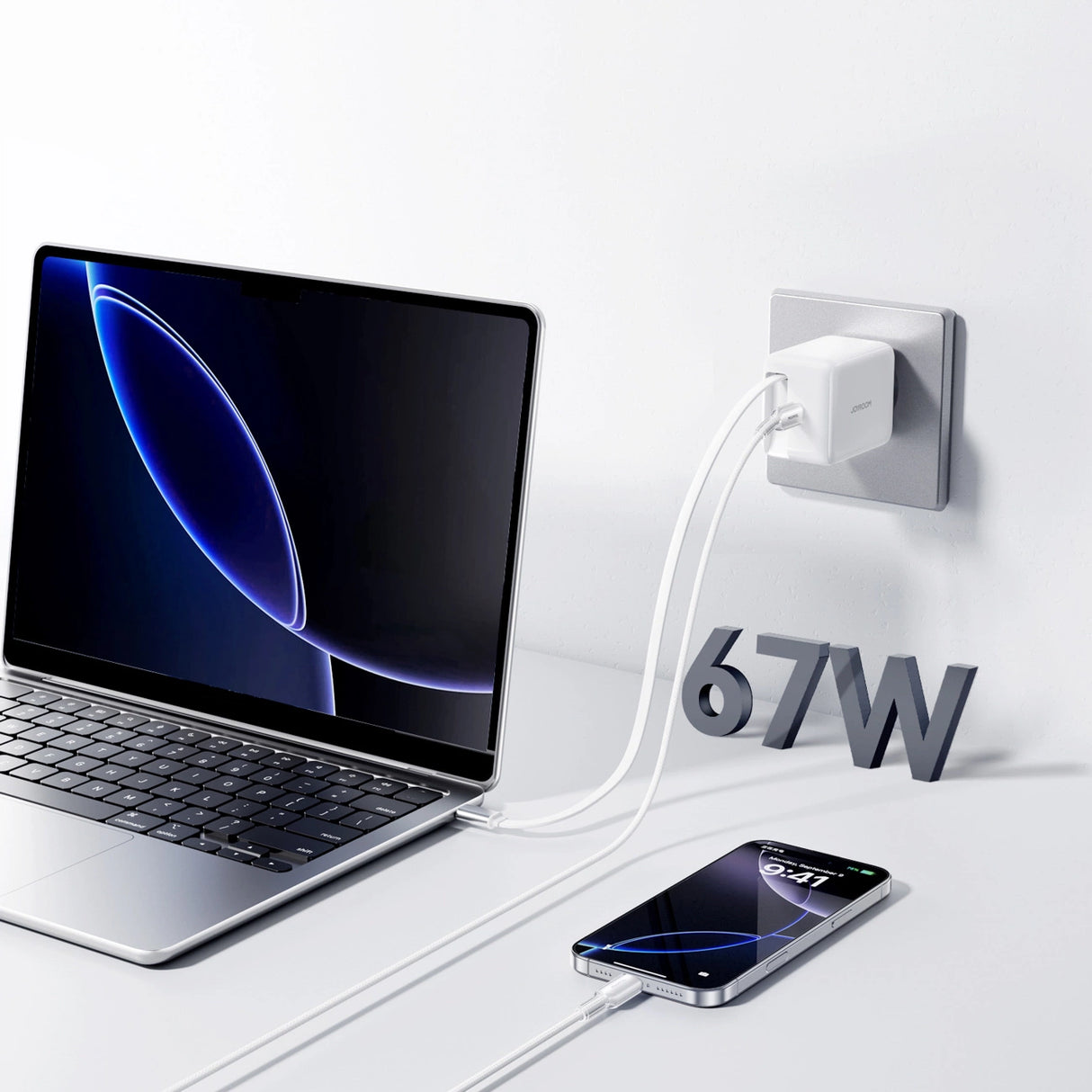 Joyroom JR-TCL06 67W GaN Wall Charger med indbygget inddrageligt USB-C-kabel - hvid