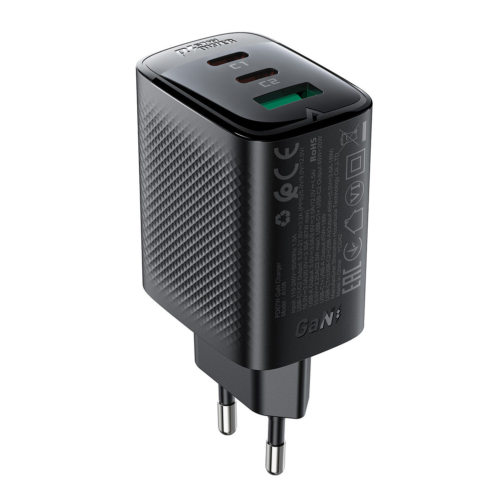 Acefast A108 GaN PD 67W 2xUSB-C 1xUSB-A Wall Charger - sort