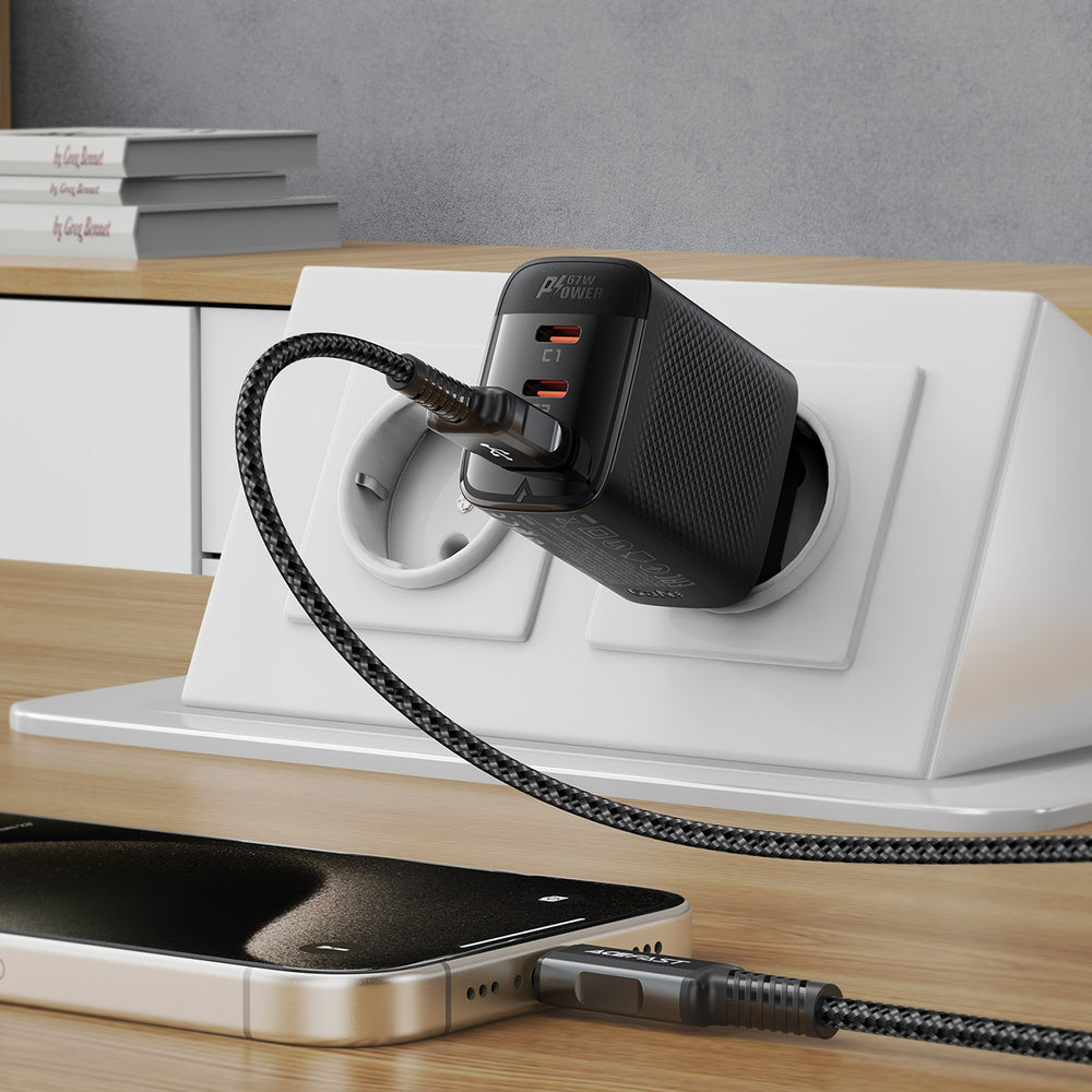 Acefast A108 GaN PD 67W 2xUSB-C 1xUSB-A Wall Charger - sort