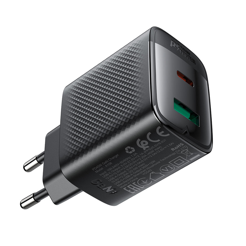 Acefast A106 GaN PD 45W USB-C USB-A Wall Charger - sort