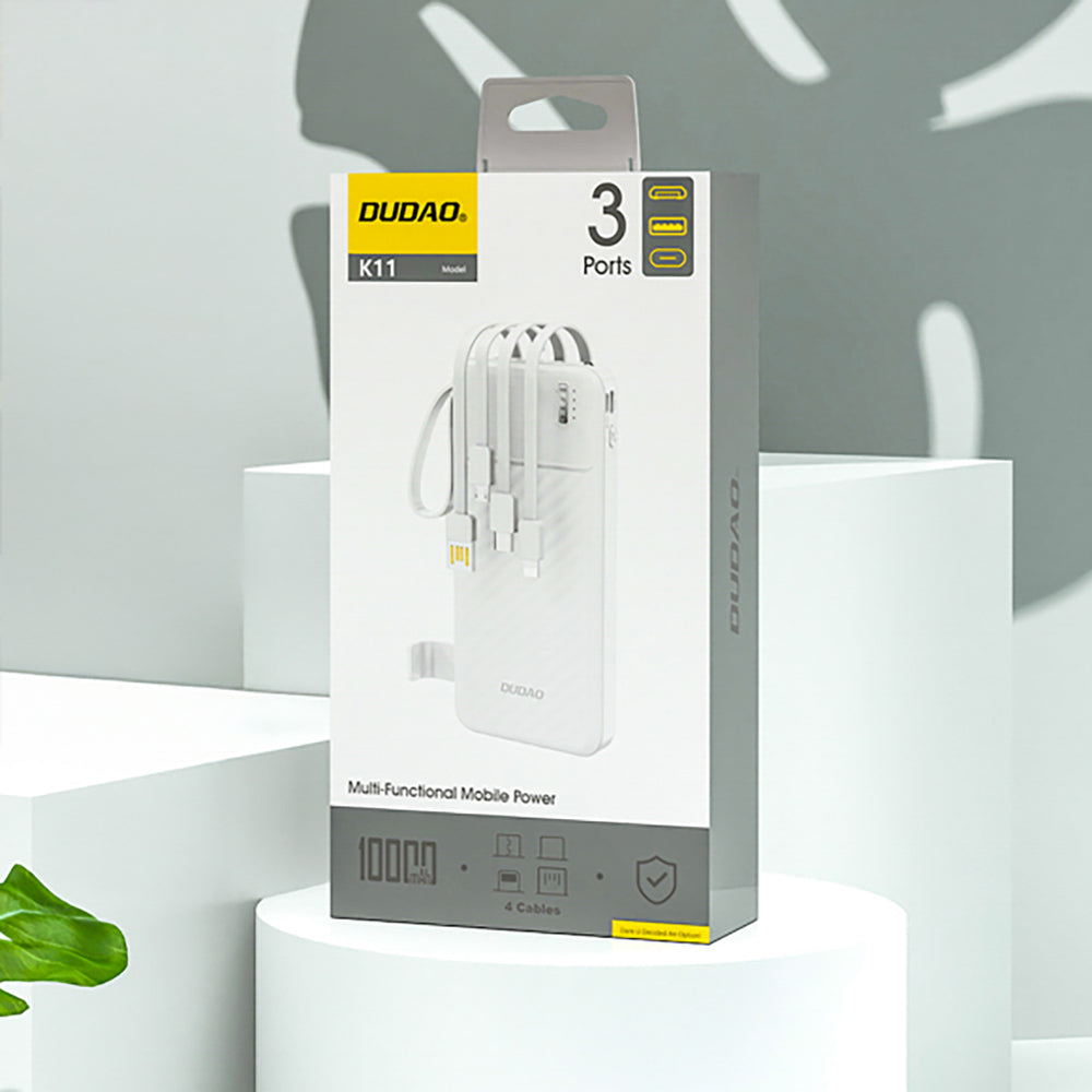 Dudao K11 10000mAh Powerbank med indbyggede kabler - hvid
