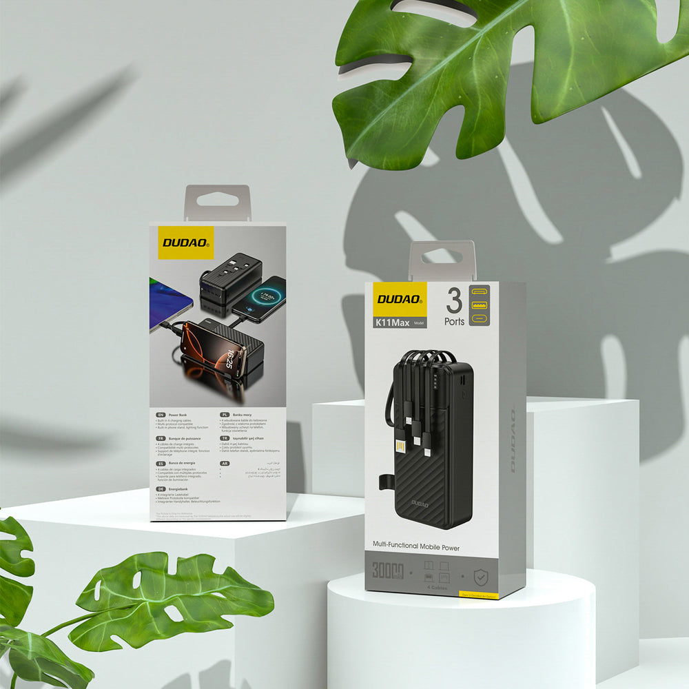 Dudao K11 Max 30000mAh Powerbank med indbyggede kabler - sort