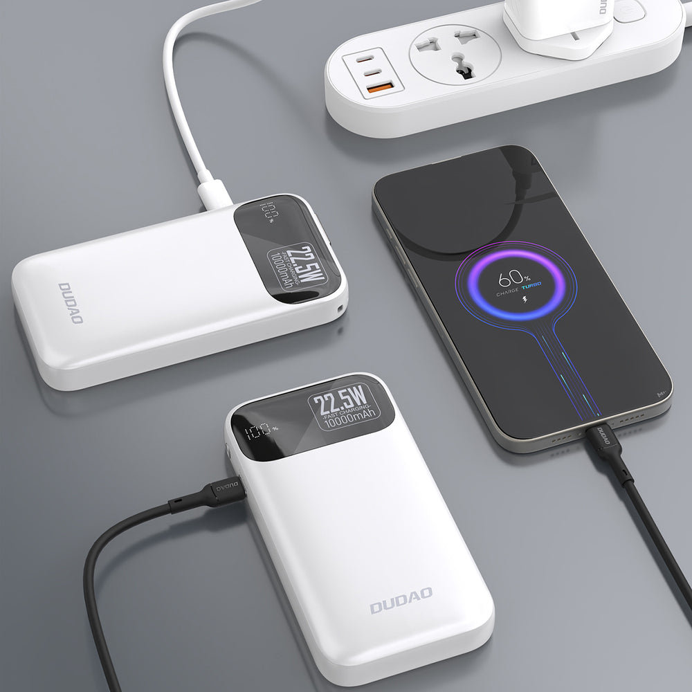 Dudao K31 10000 mAh 22.5W PD Powerbank med indbygget kabel - hvid