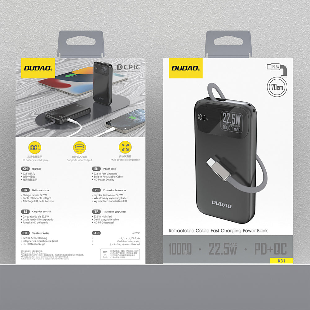 Dudao K31 10000 mAh 22.5W PD Powerbank med indbygget kabel - sort