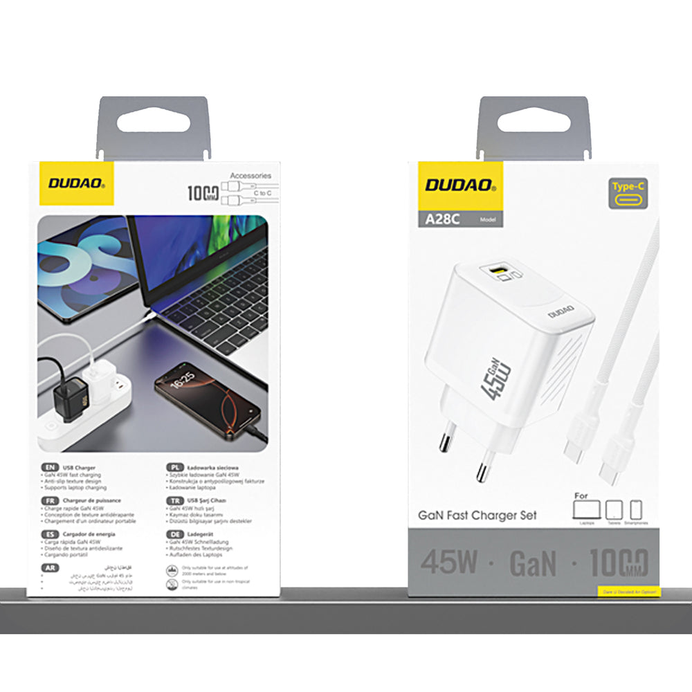 Dudao A28C 45W GaN Wall Charger + USB-C-kabel - hvid