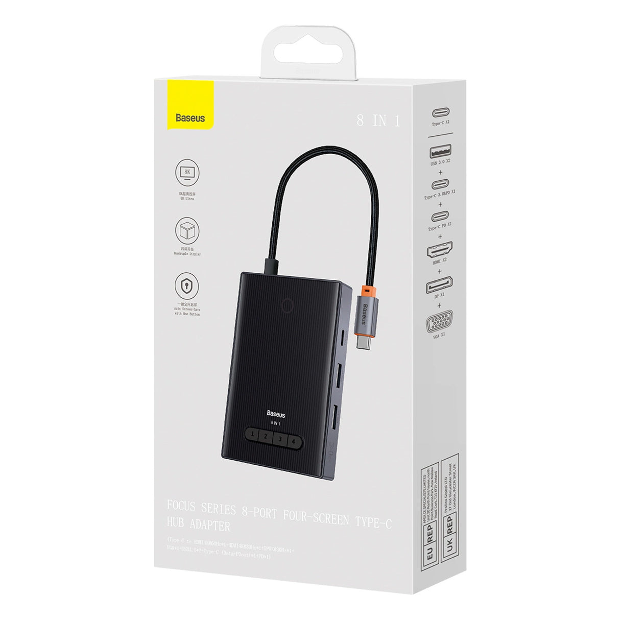 Baseus PioneerJoy 8-i-1 USB-C hub HDMI 4K@60Hz + HDMI 4K@30Hz + DisplayPort 8K@30Hz + VGA + 2 x USB-A 3.0 + 2 x USB-C - grå