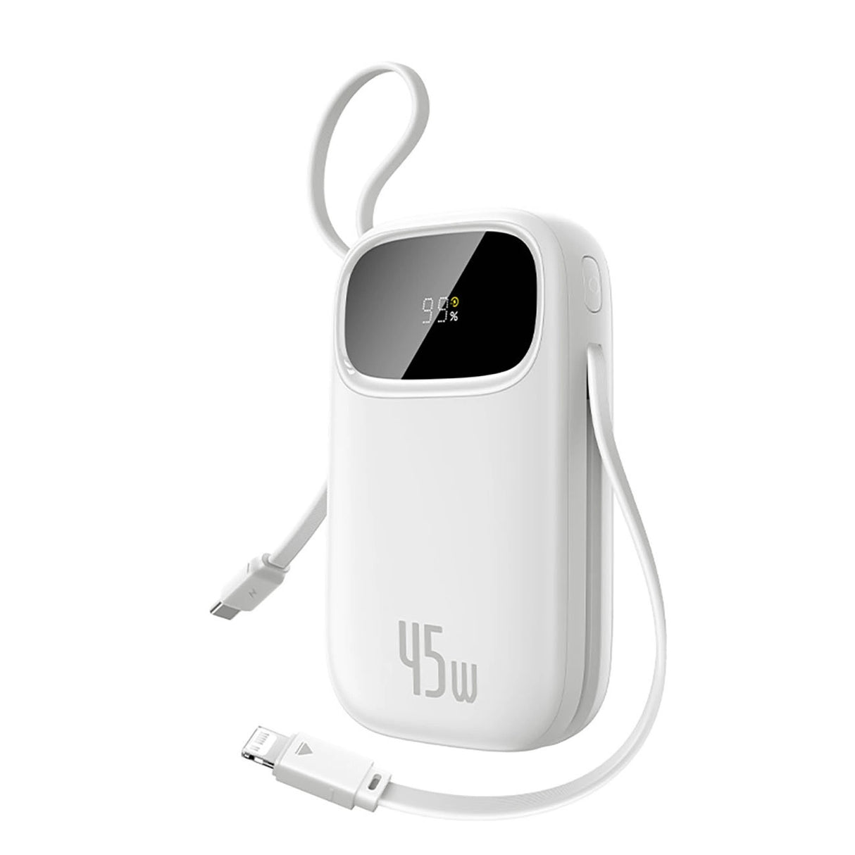 Baseus EnerFill FC31 20000mAh 45W Powerbank med digitalt display og 2 indbyggede kabler (USB-C + Lightning) - hvid