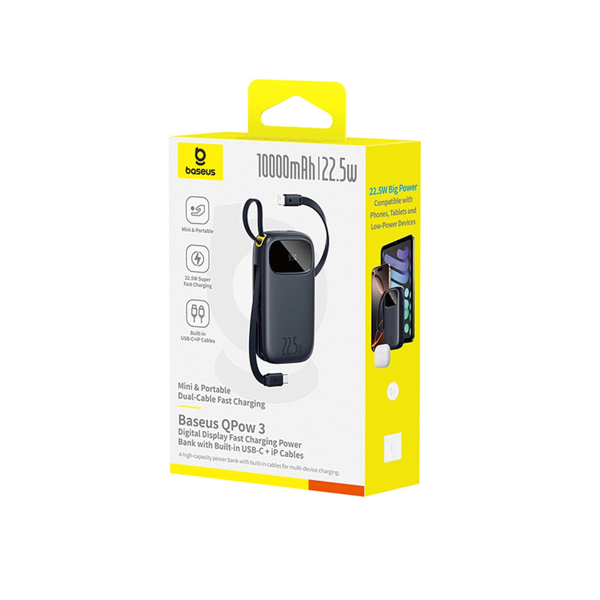 Baseus EnerFill FC31 10000mAh 22.5W Powerbank med digitalt display og 2 indbyggede kabler (USB-C + Lightning) - sort
