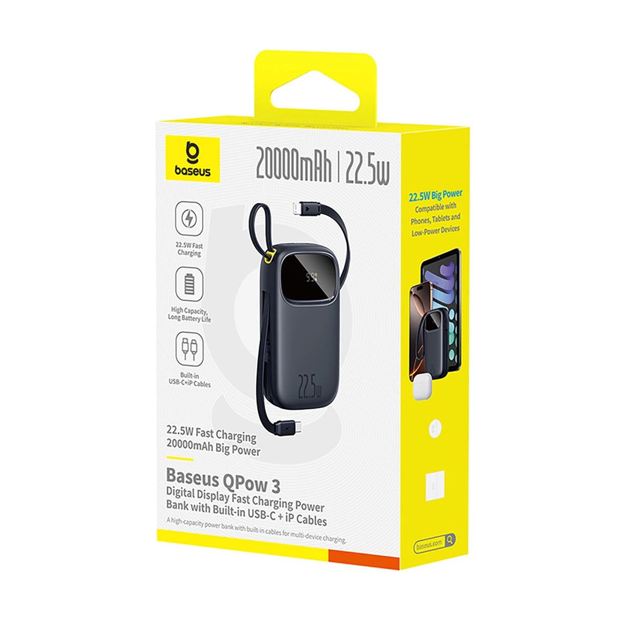 Baseus EnerFill FC31 20000mAh 22.5W Powerbank med digitalt display og 2 indbyggede kabler (USB-C + Lightning) - sort