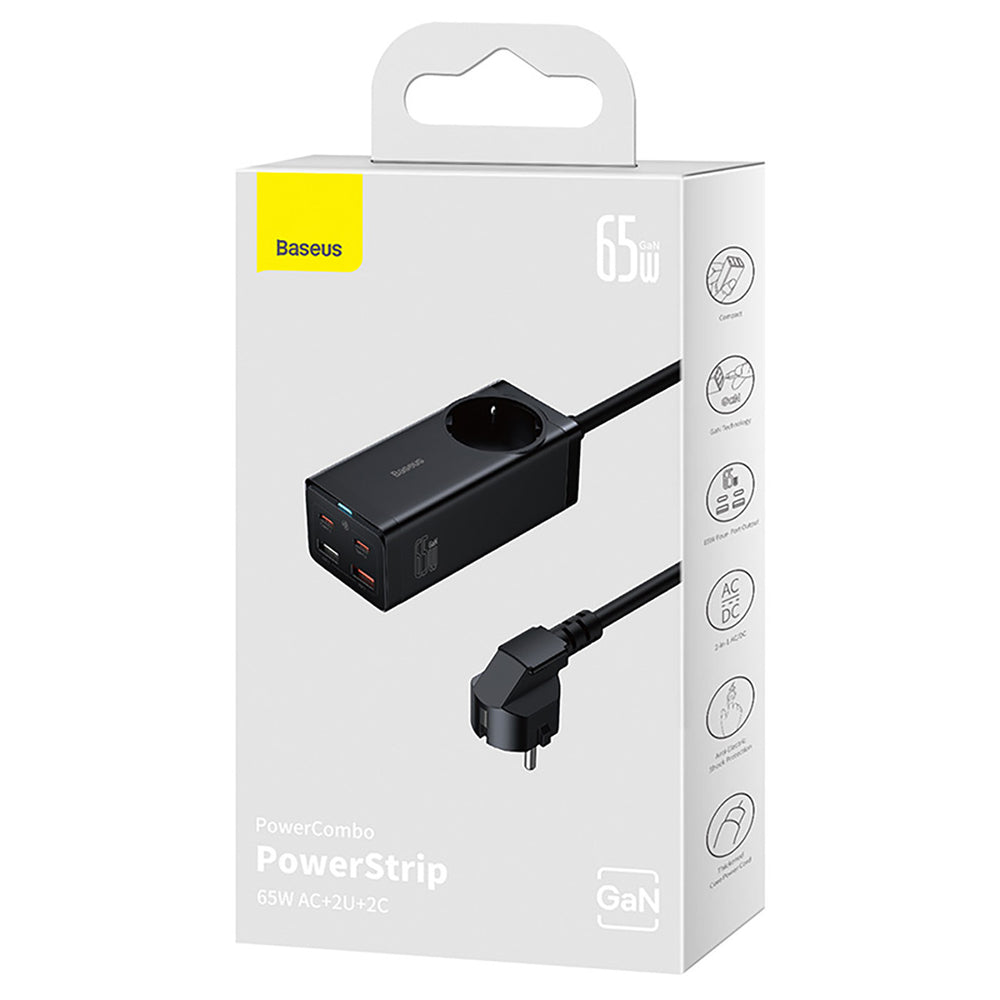 Baseus GaN3 Pro 65W EU-opladningsstation + 2 x USB-C + 2 x USB-A med Baseus Xiaobai USB-C 100W 1m kabel - sort