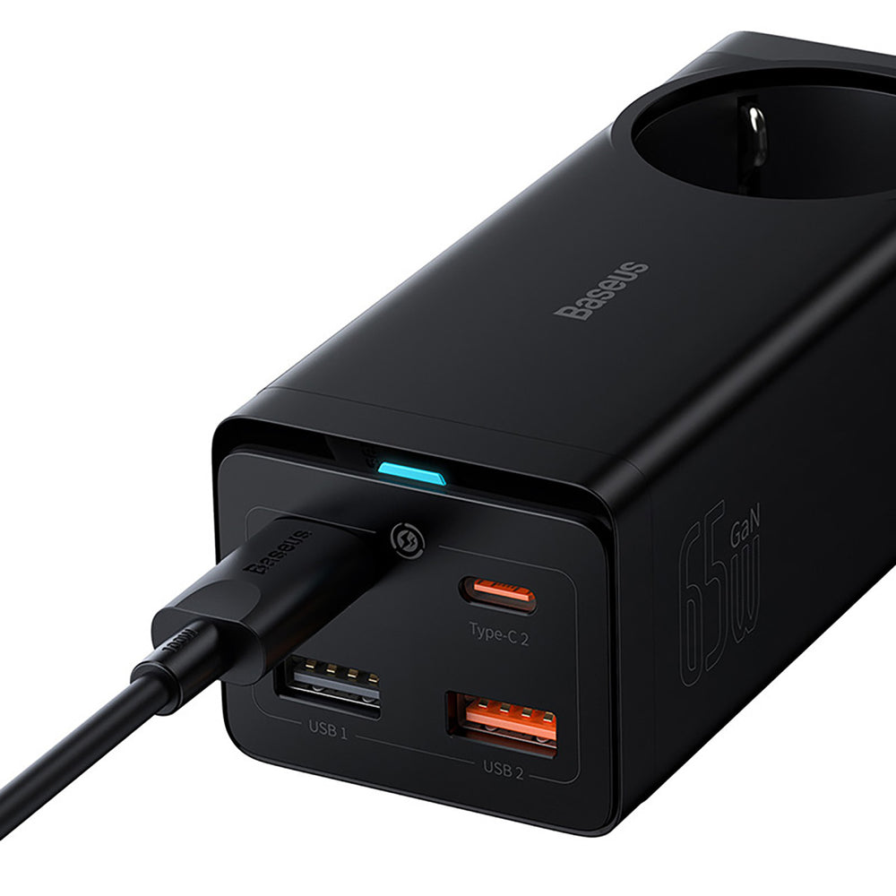 Baseus GaN3 Pro 65W EU-opladningsstation + 2 x USB-C + 2 x USB-A med Baseus Xiaobai USB-C 100W 1m kabel - sort