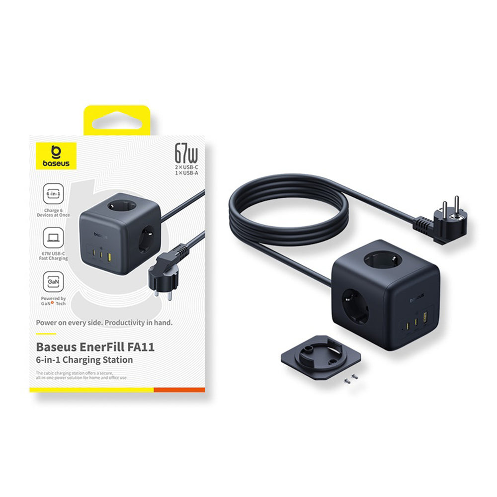Baseus EnerFill FA11 67W Power Strip, USB-A + USB-C Cube + 3 x EU Socket 1,5 m - sort