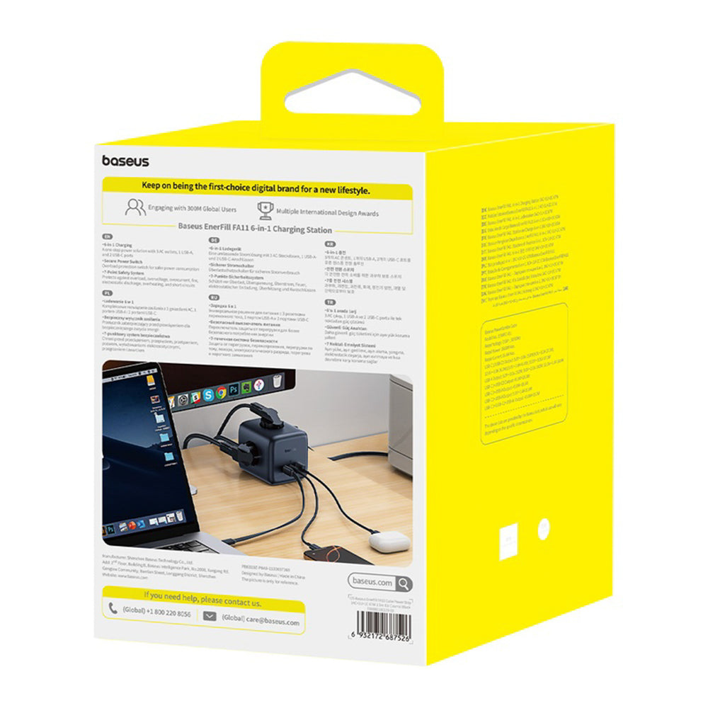 Baseus EnerFill FA11 67W Power Strip, USB-A + USB-C Cube + 3 x EU Socket 1,5 m - sort