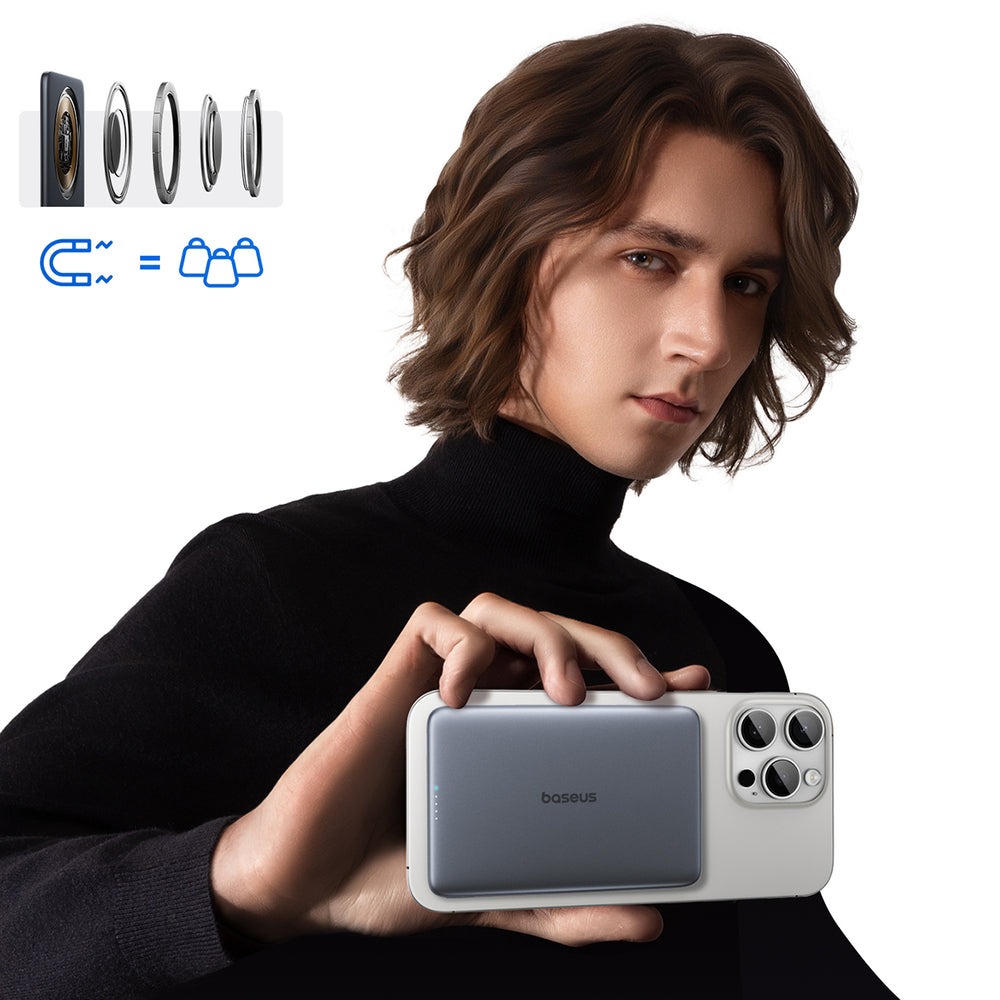 Baseus PicoGo AM41 5000mAh 20W Ultra-Thin MagSafe Kompatibel Power Bank med sort Baseus Simple USB-C 60W 30cm Kabel - Grå