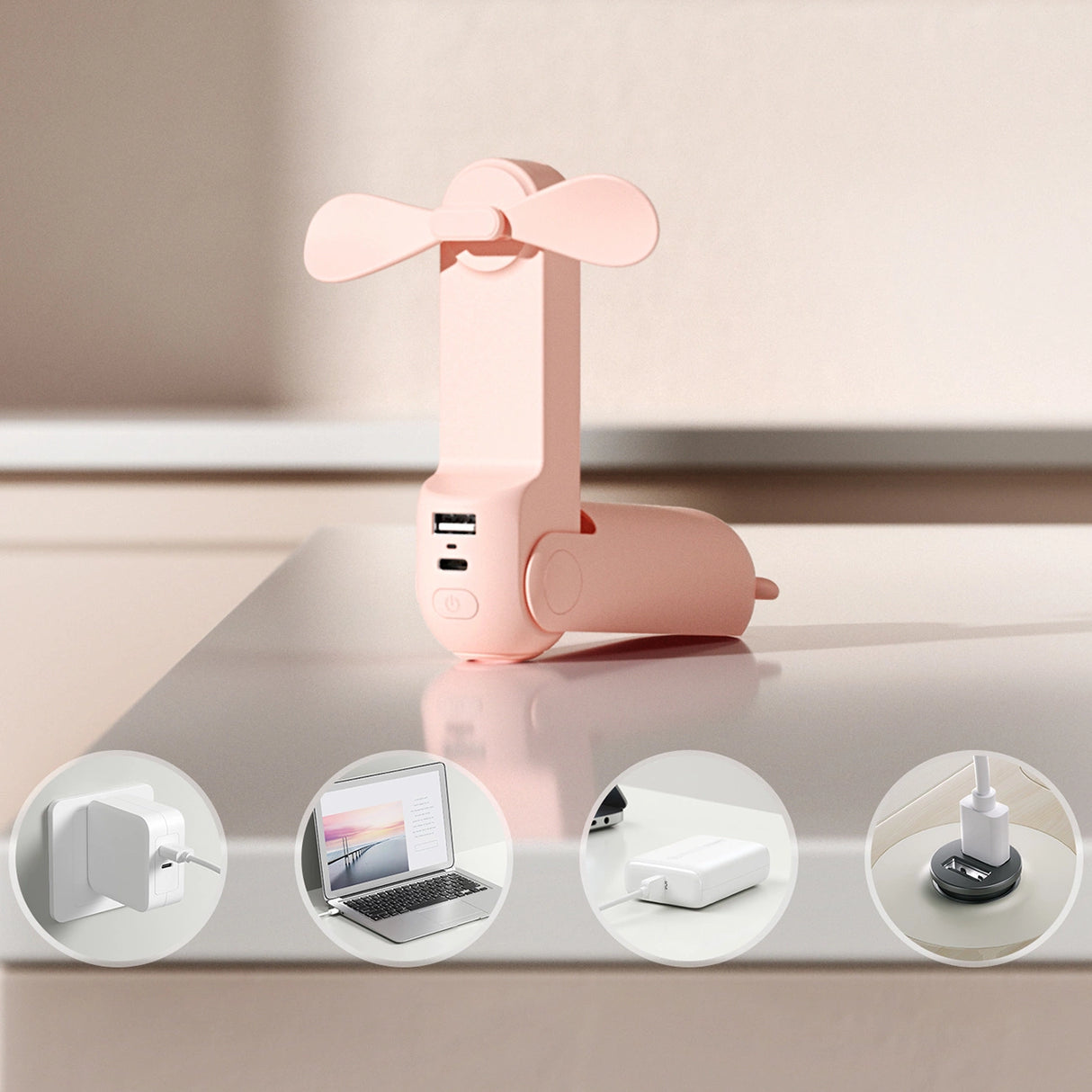 Jisulife håndholdt ventilator Life8 bærbar USB-ventilator med Power Bank-funktion 2000mAh og lommelygte - Pink