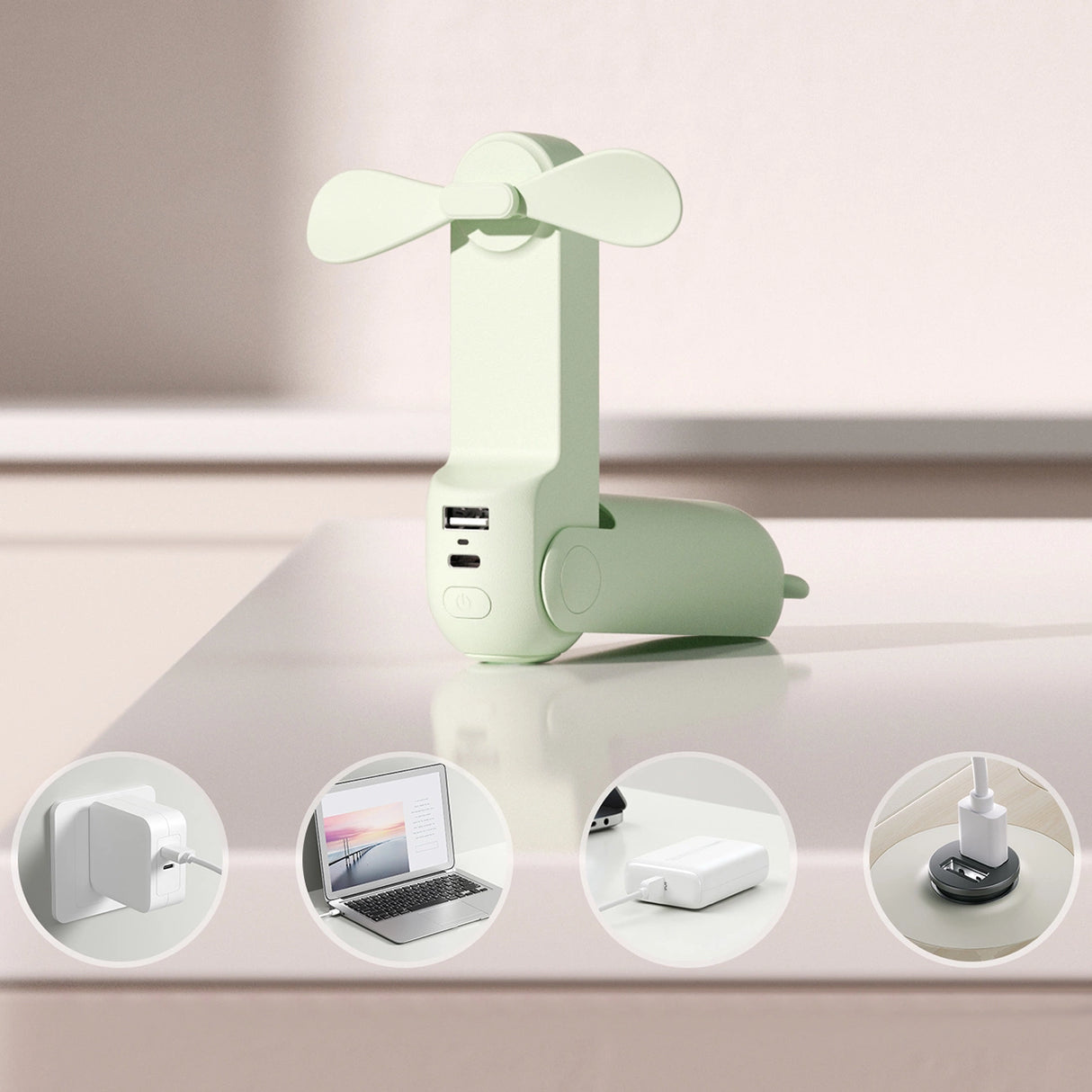 Jisulife håndholdt ventilator Life8 Mini bærbar USB-ventilator med Power Bank-funktion 2000mAh og lommelygte - Grøn