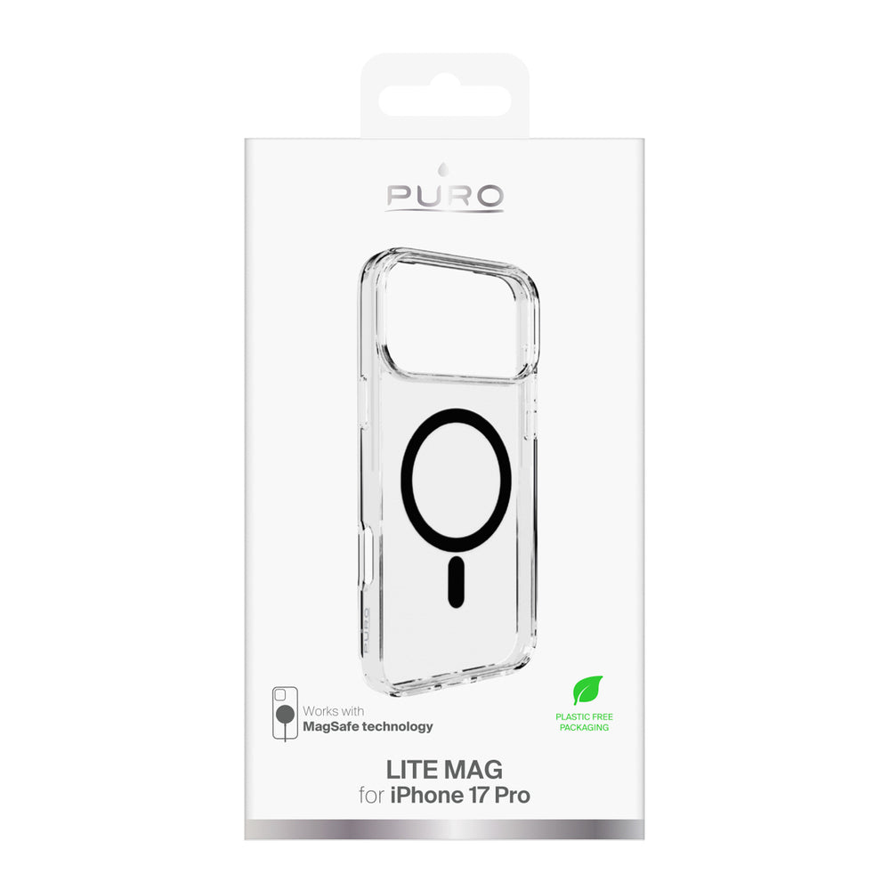 Puro Lite Mag TPU+PC Case Kompatibel med MagSafe til iPhone 17 Pro - Transparent med sort ring