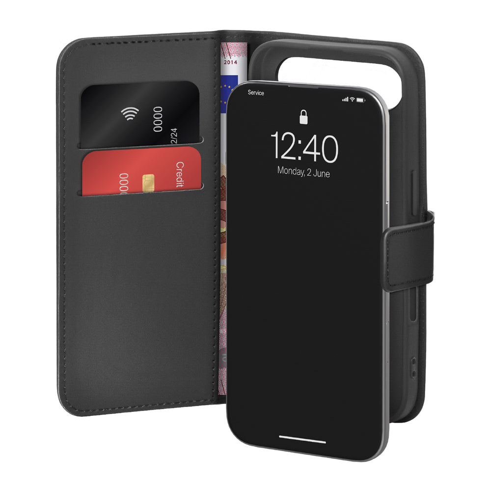 Puro Wallet Stand Case for iPhone 17 Air made of eco-leather, with a flap, wallet and stand function - black
