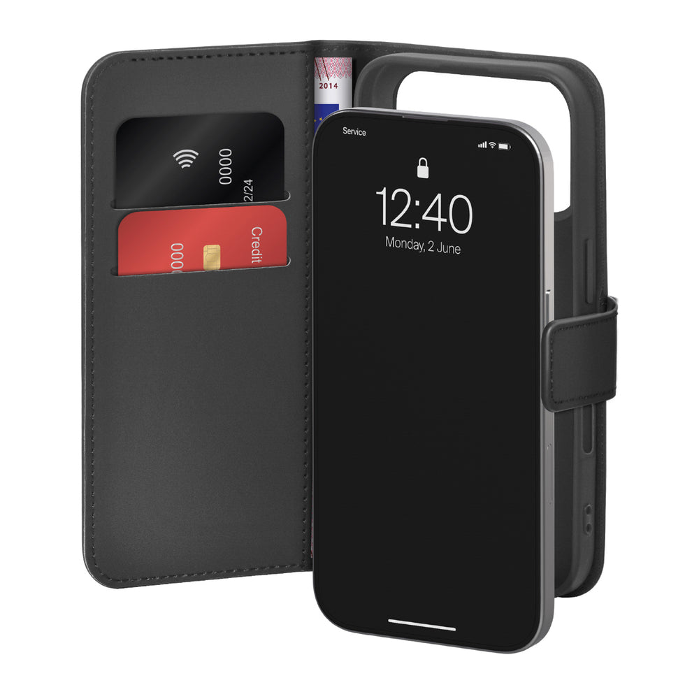 Puro Wallet Stand Case for iPhone 17 Pro Made of Eco-Leather, with a Flap, Wallet, and Stand Function - Black