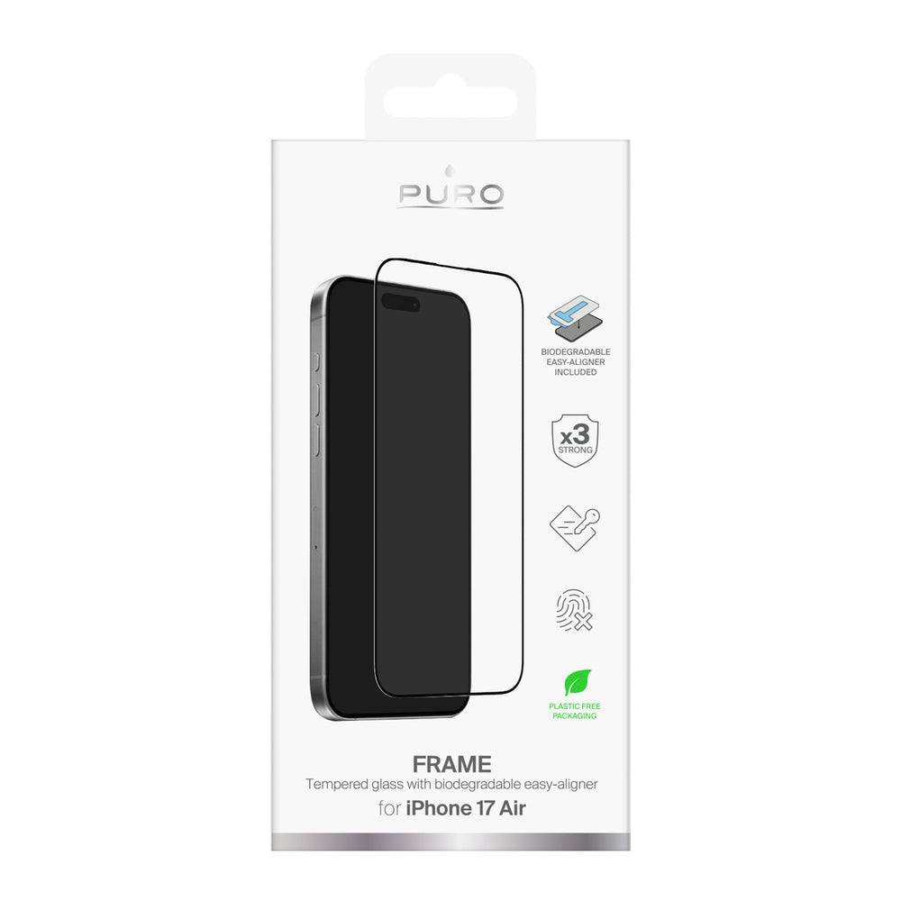 Puro Frame tempereret glas til iPhone 17 Air med applikator og sort ramme