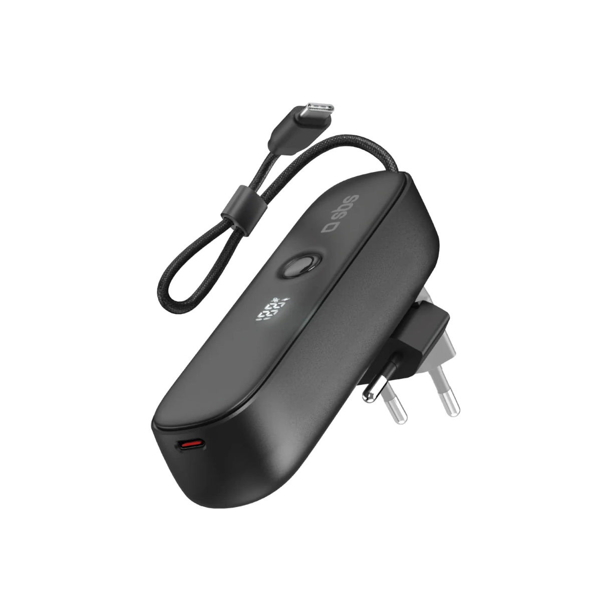 SBS Hybrid PD 20W 5000mAh Power Bank med indbygget kabel og foldable plug - sort