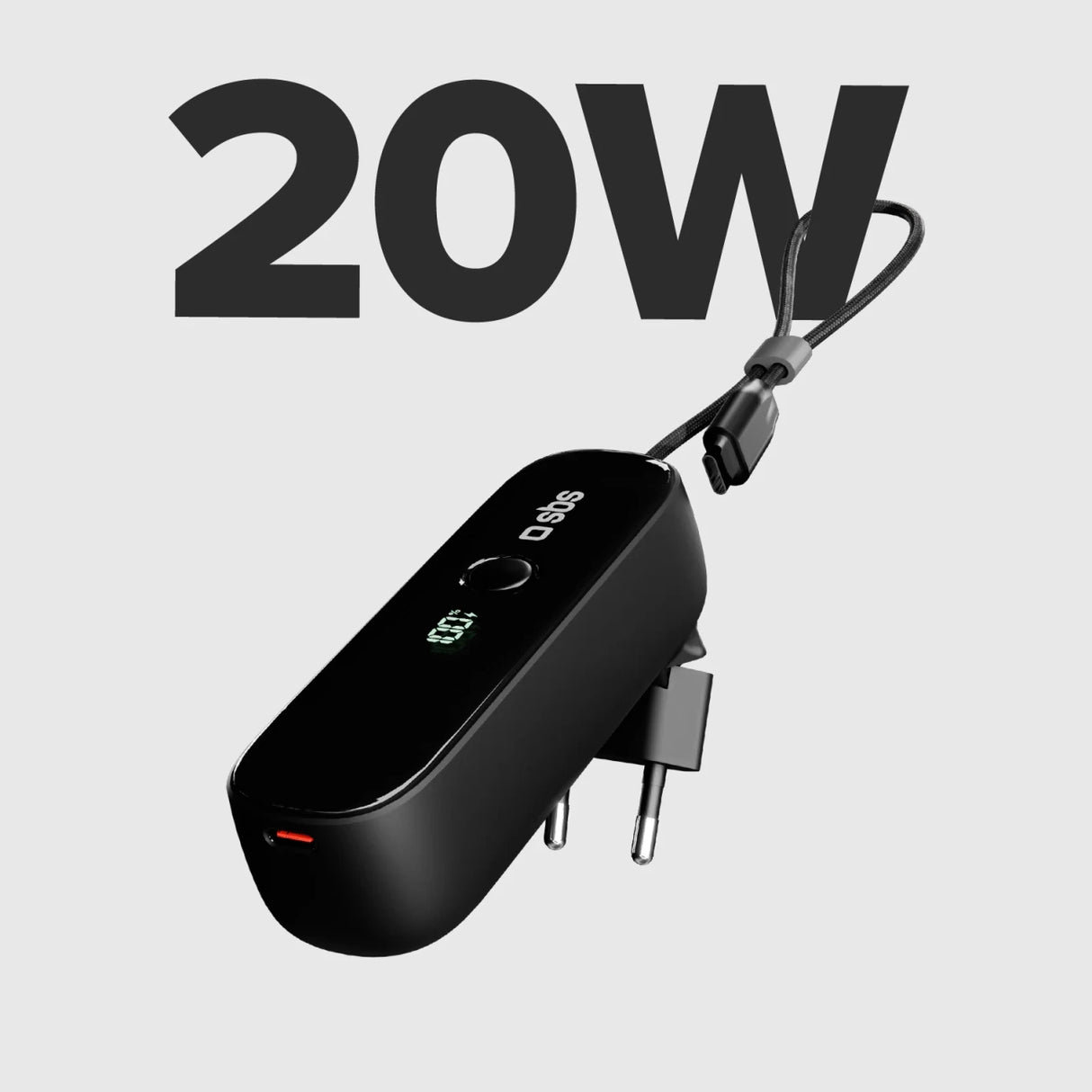 SBS Hybrid PD 20W 5000mAh Power Bank med indbygget kabel og foldable plug - sort