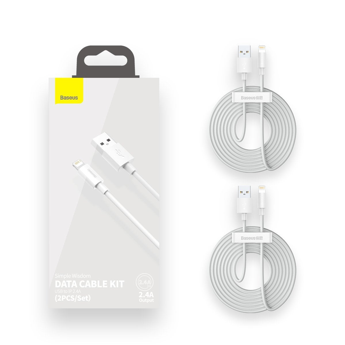 Baseus Simple Wisdom Data Cable Kit USB til Lightning 2,4A (2PCS/Set) 1,5m Hvid