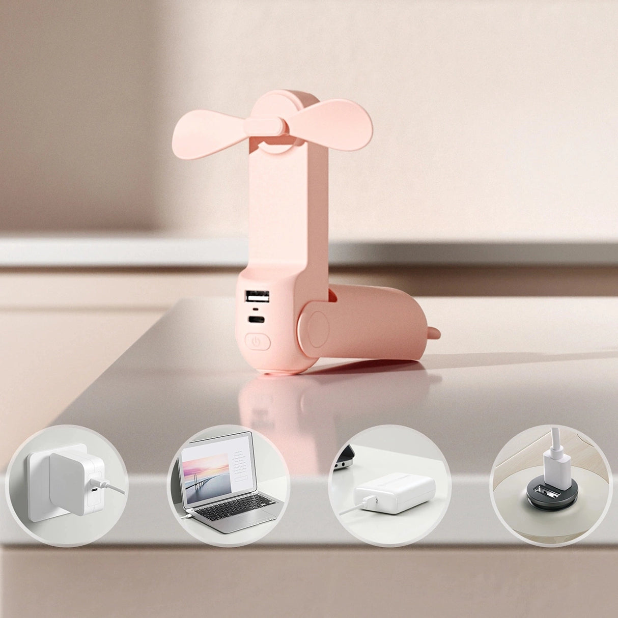 Jisulife håndholdt ventilator Life8 Plus Portable USB-ventilator med Power Bank-funktion 4500mAh og lommelygte - Pink