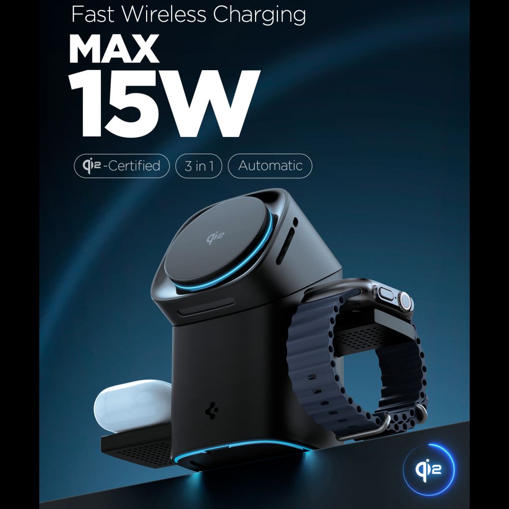 Spigen Essential EF223MS 3-i-1 QI2 trådløs oplader - sort