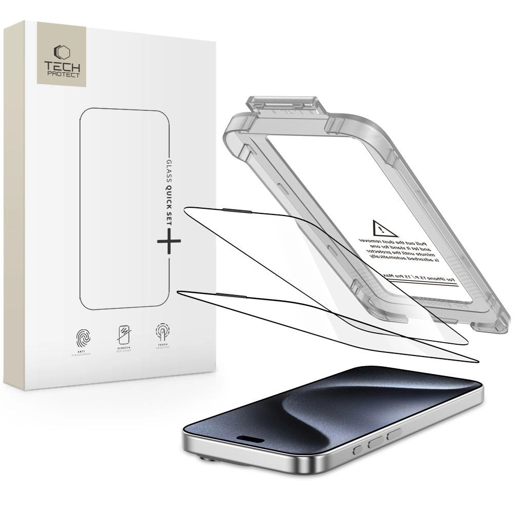 Tech-Protect Quick Set+ 2-pakke af hærdet glas til iPhone 15 Pro Max - sort