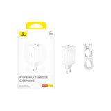 Baseus GaN6 Pro oplader 65W 2 x USB-C 2 x USB-A med sort USB-C kabel 100W 1m - hvid