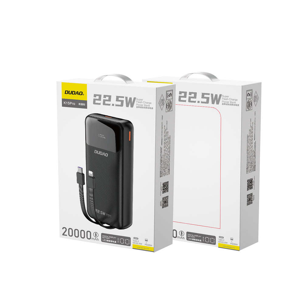 Dudao K15Pro Power Bank 20000mAh 22.5W PD USB-C / USB-A / Indbygget Lightning og USB-C Kabler - sort