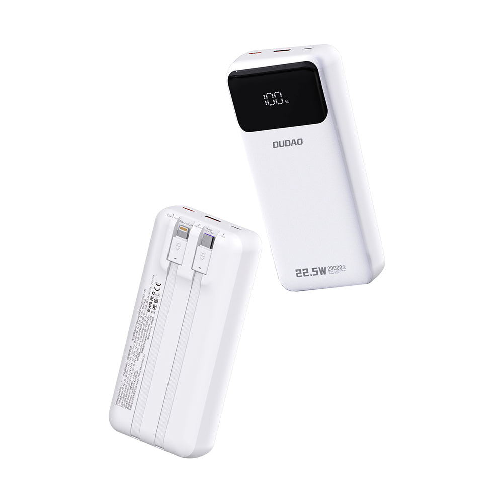 Dudao K15Pro Power Bank 20000mAh 22.5W PD USB-C / USB-A / Indbygget Lightning og USB-C Kabler - Hvid