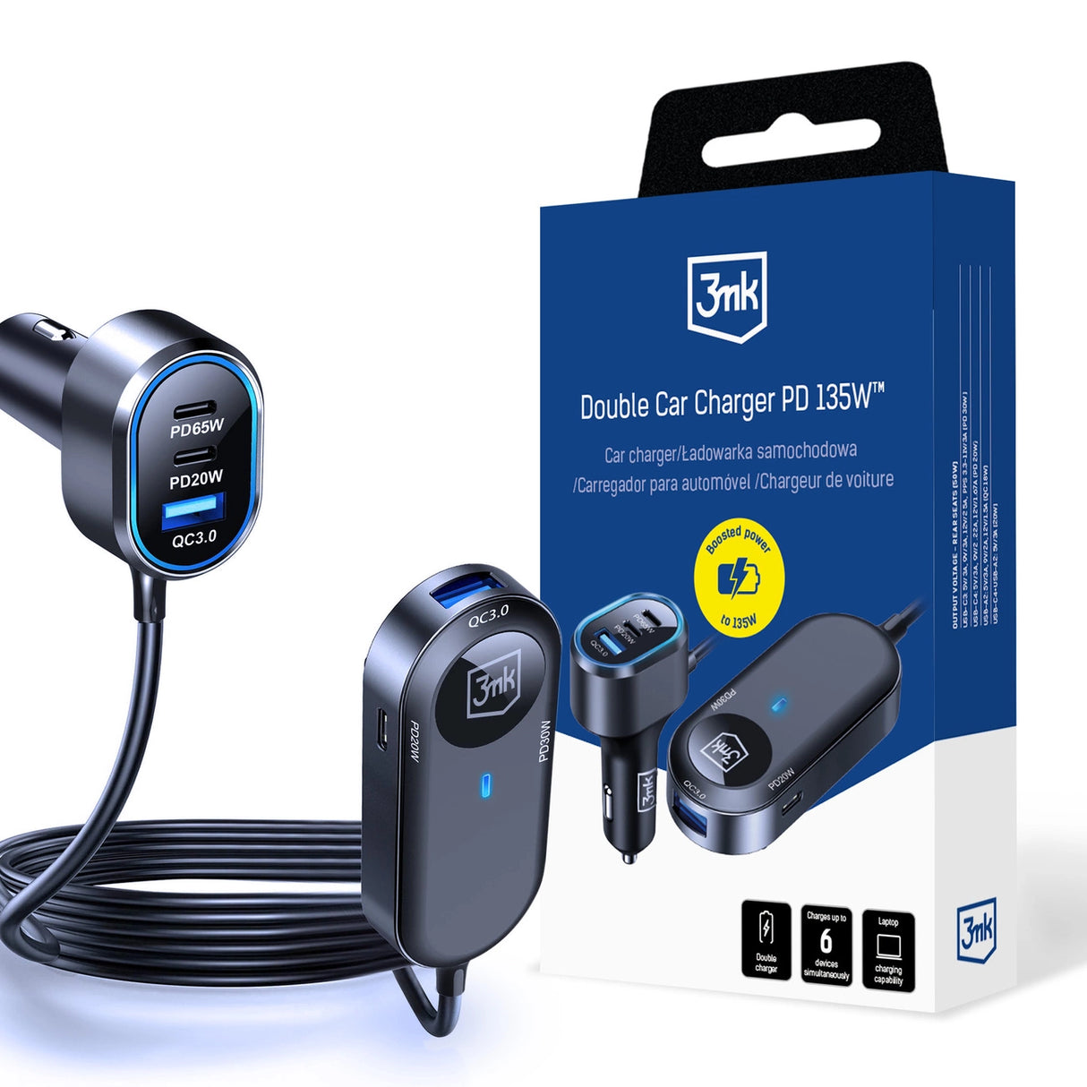 3mk Dobbelt Biloplader 135W PD QC PPS USB-C USB-A - sort