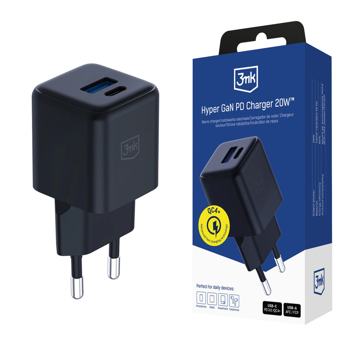 3mk Hyper GaN oplader 20W QC4+ PD PPS USB-C USB-A Wall oplader - sort