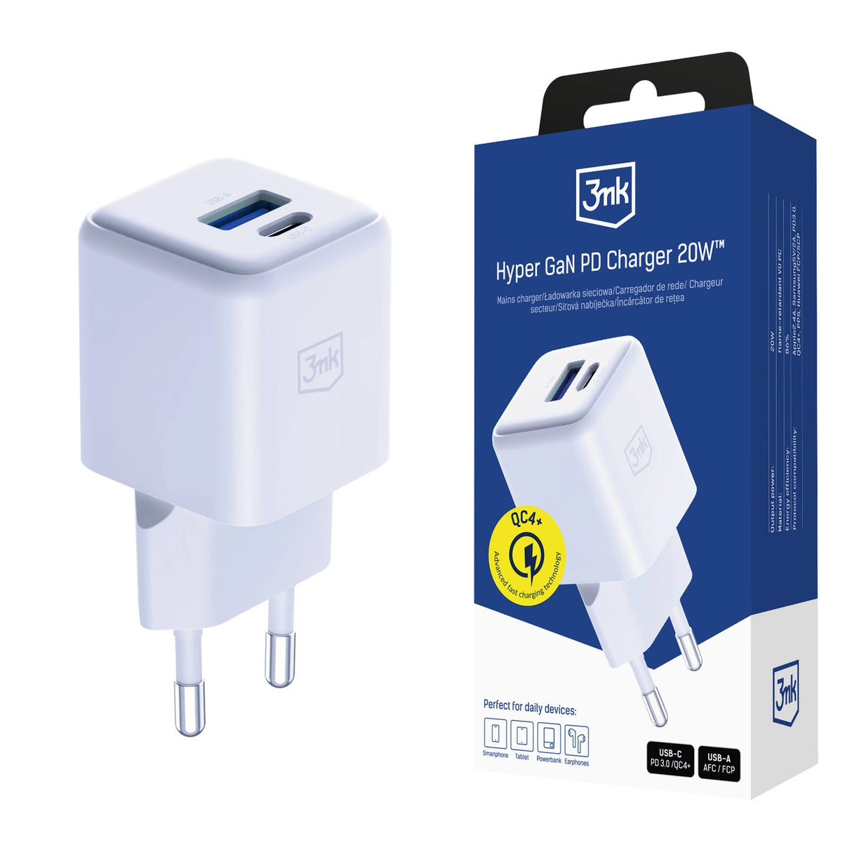 3mk Hyper GaN oplader 20W QC4+ PD PPS USB-C USB-A Wall oplader - hvid