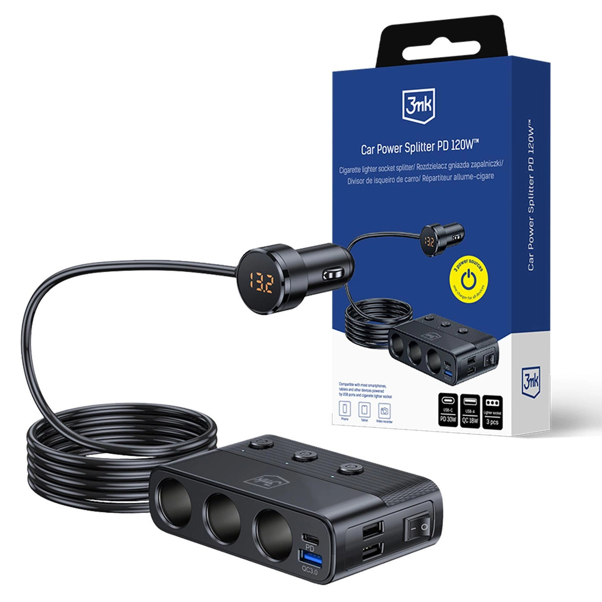 3mk Car Power Splitter PD 120WTM QC PPS UCB-C USB-A Biloplader til 7 enheder - sort