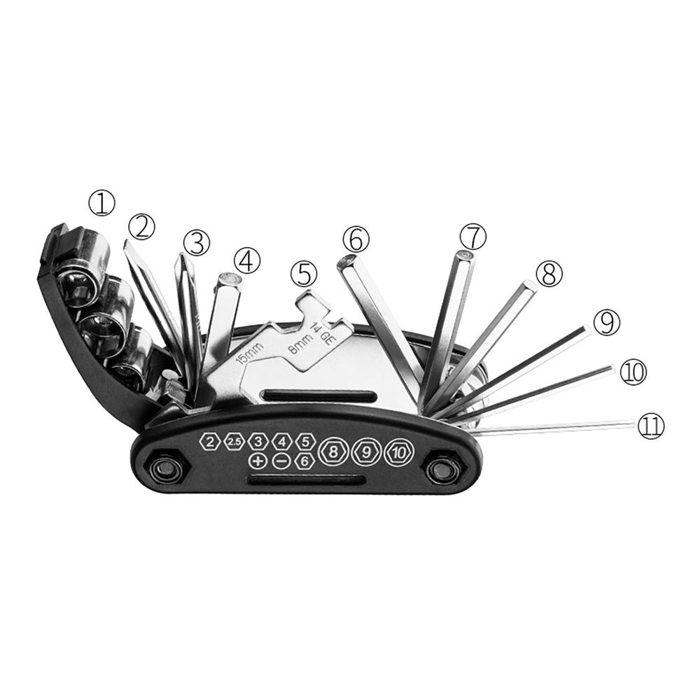 Wozinsky WMZ-01N værktøjssæt, 16-i-1 cykel multitool, pumpe, skiftnøgler, indre rør kit - sort