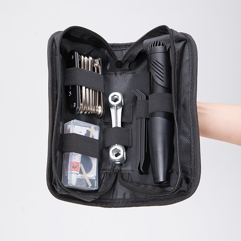 Wozinsky WMZ-01N værktøjssæt, 16-i-1 cykel multitool, pumpe, skiftnøgler, indre rør kit - sort
